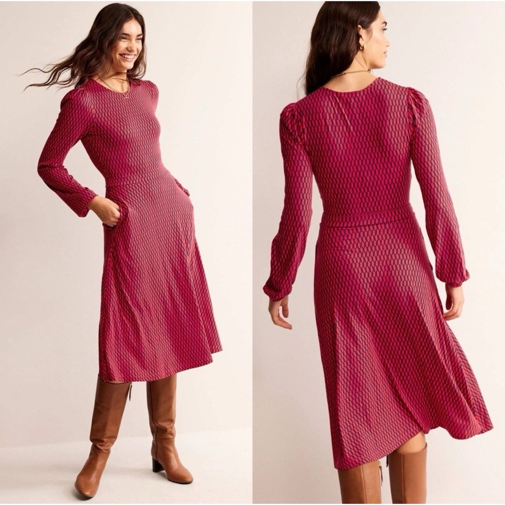 BODEN Camille Jersey Midi Dress Womens Sz 6 Red Blue‎ Geometric